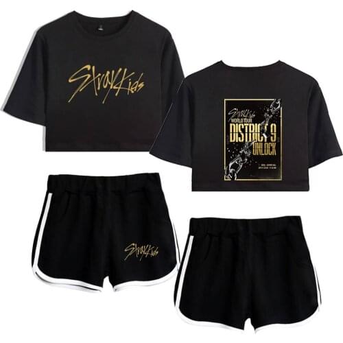 Kawaii Tees Kpop Stray Kids Tracksuit Their World Tour District 9 Unlock Print Women Two Piece Set Shorts+t-shirt Summer Clothes