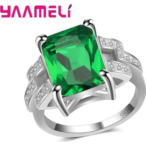 Classic 100% Real Pure 925 Sterling Silver Rings Green Big Rectangle Engagement Rings Fashion Crystal Rhinestone Anel