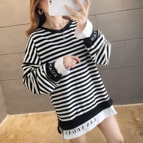 False Two-piece Striped Crewneck Sweatshirt Women Pullovers Thin Autumn Women Hoodies Loose Letter Print Hoodies for Teen Girls