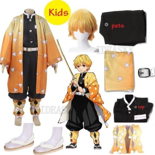 Japanese Anime Demon Slayer Kimetsu no Yaiba Agatsuma Zenitsu Cosplay Costume kids child boy Kimono Uniform Halloween Outfit Wig