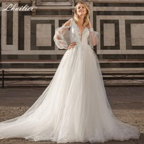 Lhuilier Womens V-neck A-line Wedding Dresses 2021 Full Sleeves Beaded Floor Length Bridal Gowns Chapel Train with Appliques