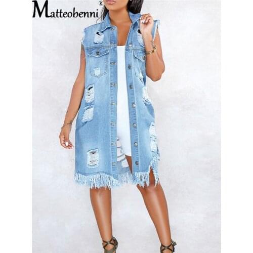 Fashion Sexy Hole Denim Blouse Jackets Ladies Sleeveless Ripped Distressed Denim Loose Long Jacket Coat Outwear Womens Plus Size
