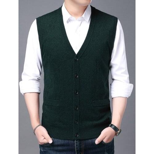 Man Wool Cardigan Casual Plaid Sleeveless Sweater Male V-Neck Knit Coat Buttons Up Knitwear Sweaters