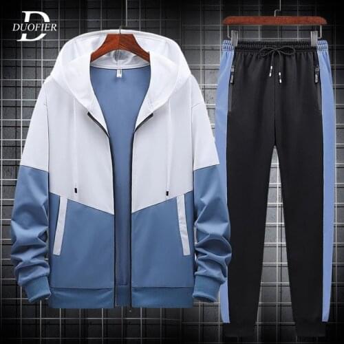 2021 Men Casual Tracksuit Hoodies Sets Solid Patchwork Autumn New Mens Jackets+Pants 2 Pieces Set Hip Hop Streetwear Sports Suit