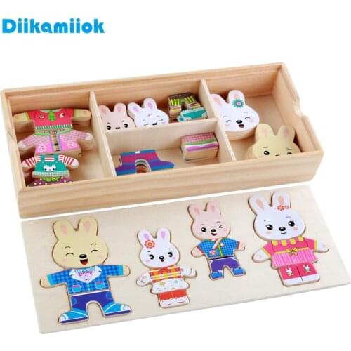New Wooden Jigsaw Puzzle Bear Rabbit Dress Changing Matching Puzzles Kids Wood Toy Baby Educational Learning Toys for Children
