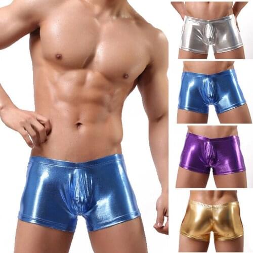 Retail Excellent 4 Color Male Sexy Elastic Faux Leather Latex Boxer Short Underwear Low Waist Gay Men Jockstrap Panties Lingerie