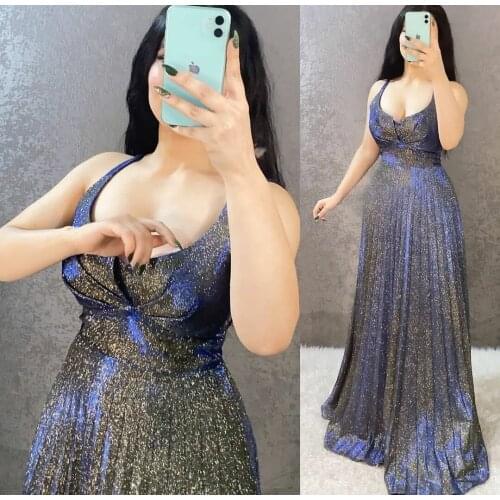 Sexy Deep V-Neck Long Glitter Evening Dresses with Pockets Pleated Floor Length Corset Back Formal Party Dresses for Women