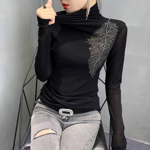 Mesh Tops Turtleneck Long Sleeve T-shirt Stretch Mujer Camisetas 2020 Autumn Fashion Drill Slim Fit Top Female Bottoming Shirt