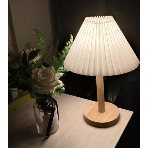 USB Powered Modern Wood Korean Pleated Table Lamp LED Night Light For Bedroom Illumination Gift Wooden Bedside Kids Room Decor