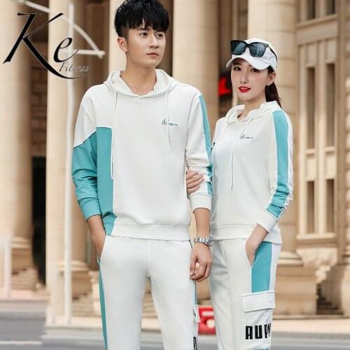 Ke new spring autumn couple casual hooded unisex polyester black white red sweater suit mens sports suit men tracksuit women