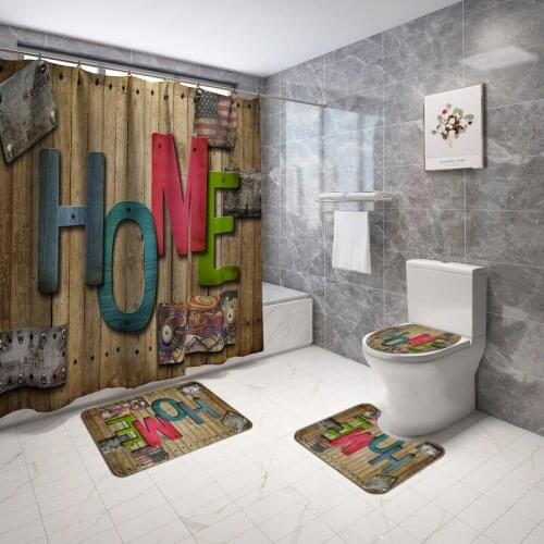 Creativity Home Plank Pattern Fabric Shower Curtains Bathroom Set Anti-slip Rug Carpet Toilet Seat Cover Bath Mat Sets