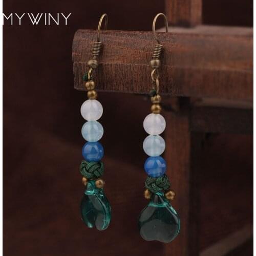 Handmade braided Aventurine vintage pendants ethnic earrings green ,New Original nature stones vintage jewelry exotic earrings