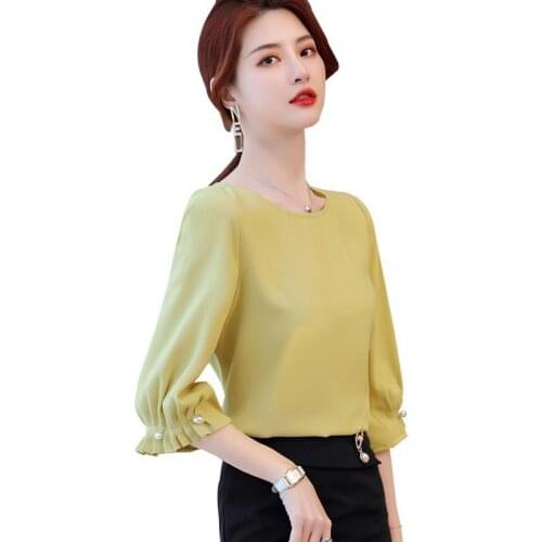 Womens Spring Summer Style Chiffon Blouses Shirt Womens Solid Color O-Neck Three Quarter Sleeve Korean Loose Tops DD9069
