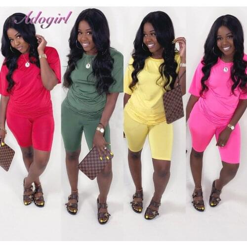 Summer Casual Fashion Womens Sets Short Sleeve Shorts Solid Color Two-piece Outfits Suit