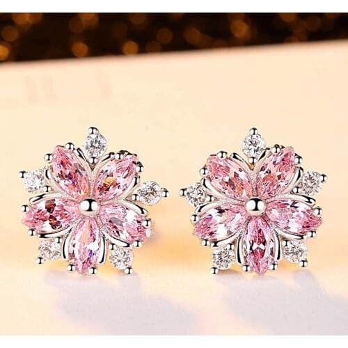 Beiver Pink Sakura Cubic Zirconia Earrings for Women in Rhodium Plated Wedding Decoration Fashion Jewelry Free Shipping