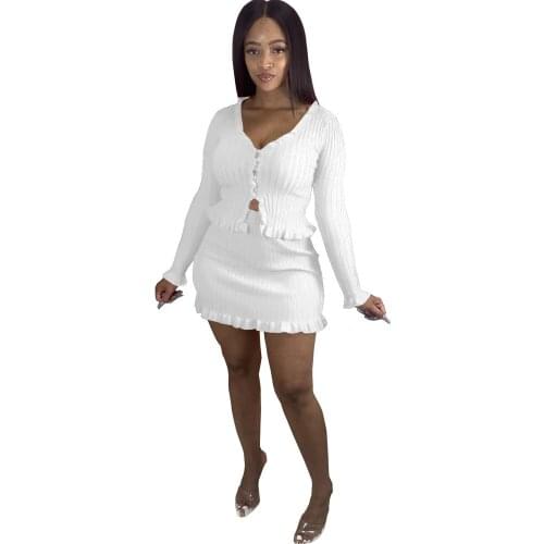 Women Solid Color Ribbed Two Piece Sets Autumn Ladys V-neck Long Sleeve tops High Waist Skirt Ruffle Charming Bodycon Skirt Set