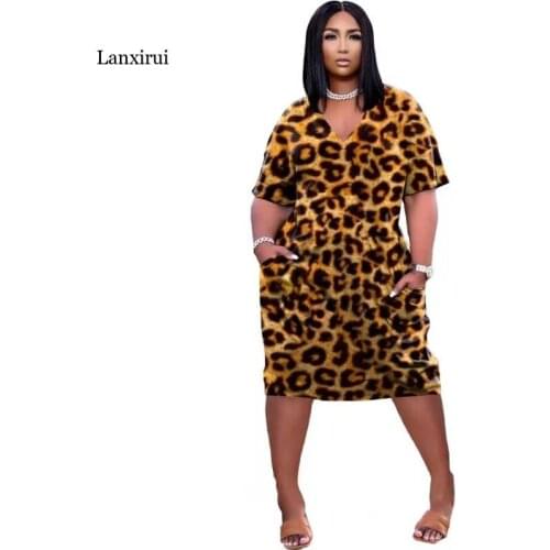 Beach Sundress Short Sleeve Leopard Sexy Loose Colorful Print V-neck Casual Dress with Pockets Short Sleeve