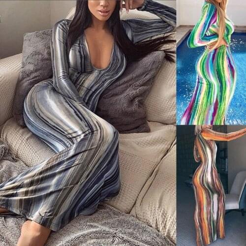 Women Autumn Long Sleeve Sexy Deep V-Neck Bodycon Maxi Long Pencil Dress Gradient Tie-Dye Striped Print Party Clubwear