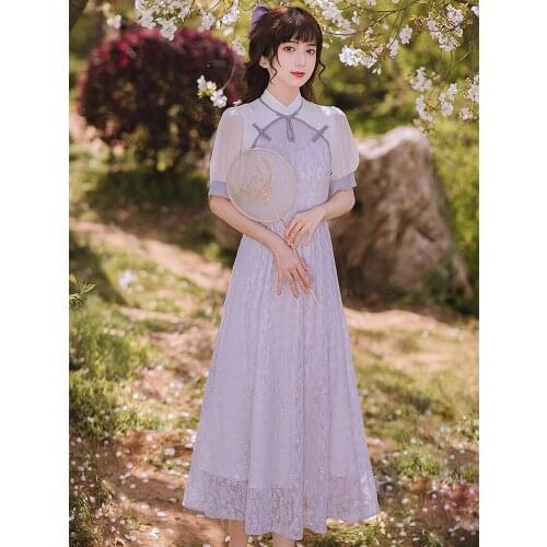 2021 Summer New Womens Chinese Style Retro Half High Neck Puff Sleeve Cheongsam Dress Temperament Thin Lace Mid-length Dress