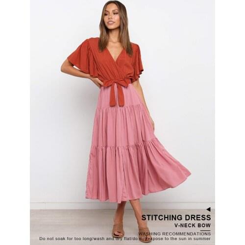 2021 Summer New Womens Fashion Bow V-Neck Splicing Dress Elegant Princess Lady long Skirt Loose Show Thin