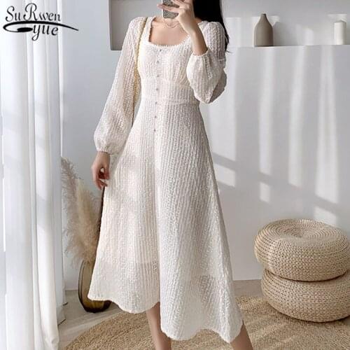 French Style Retro Square Collar Puff Sleeve Women Dress High Waist Type A Apricot Long Dress with Zipper Sweet Vestidos 12917