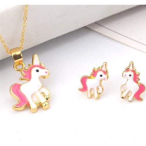 1SET Hot Sale Pink Animal Jewelry Set Chain Kids Jewelry Cartoon Horse Unicorn Necklace Earring Unicorn Sets For Girls Best Gift