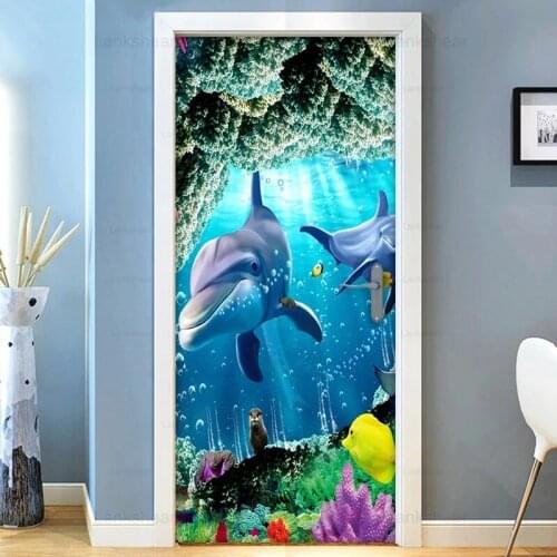 3D Door Sticker Underwater World Sea View Mural Wall Decals Door Stickers Waterproof Pvc Self Adhesive Wallpaper Home Decoration