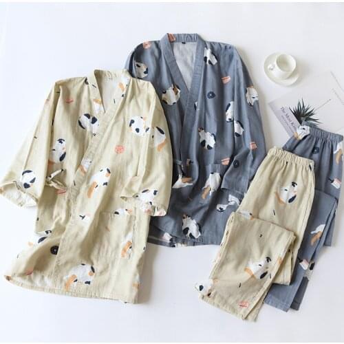 Womens Kimono Spa Sleepwear 2Pcs Cotton Harajuku Bathrobes Cotton Womens Bathrobes Female Pajamas Bathrobes Homewear Cardigan