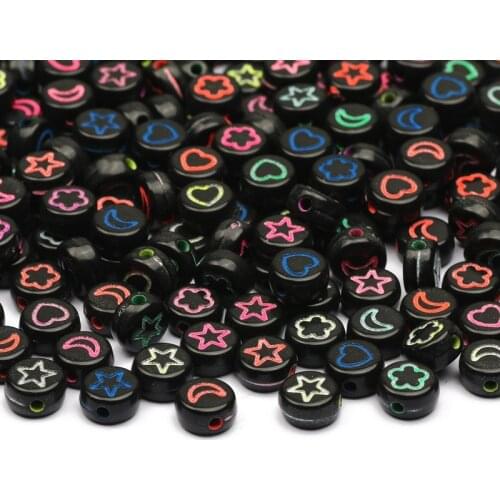 Black Colorful Mixed Flower Star Moon Heart Beads Round Acrylic Spacer Toy Accessories For Diy Jewelry Making Bracelet Supplies