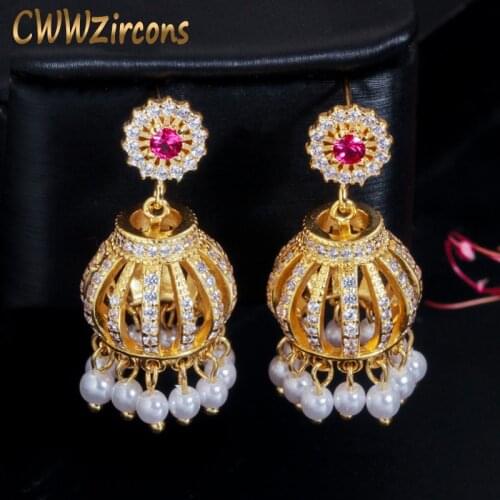 CWWZircons Vintage Royal Design Cubic Zirconia Indian Gold Dangling Tassel Drop Pearl Beaded Ethnic Earrings for Women CZ611