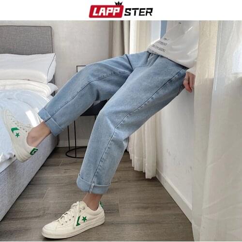 LAPPSTER Men Vintage Kpop Light Blue Jeans 2020 Mens Casual Streetwear Loose Harem Pants Male Oversized High Waisted Denim Pants