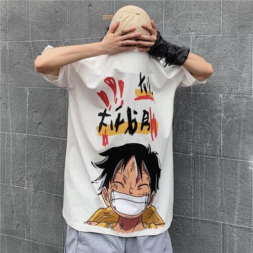 Hip Hop Harajuku Luffy Tshirt Streetwear Men Casual Shirts White Summer Cartoon One Piece T Shirt Fashion Cool Japan Tshirt Male