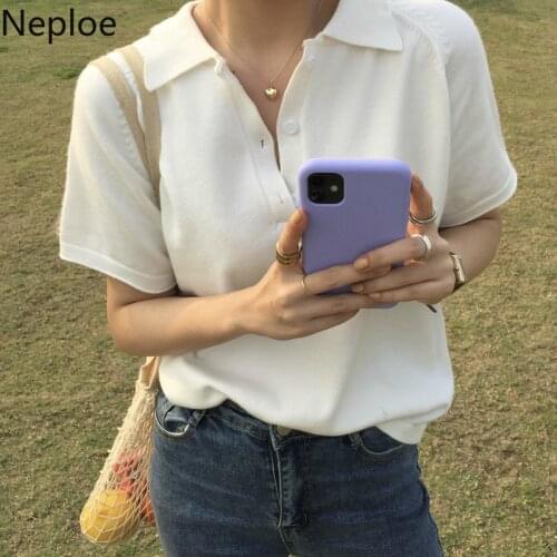 Neploe Knitted T Shirts Women Solid Turn Down Coallr Buttons Short Sleeve Female Tops Summer 2021 Loose Casual Ladies Tees