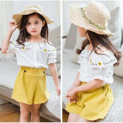 2pcs Summer Girls Outfits Set Cute Kids Clothes Baby Girls Outfits Off-shoulder Sleeveless Top Shirt+Yellow Pants Shorts