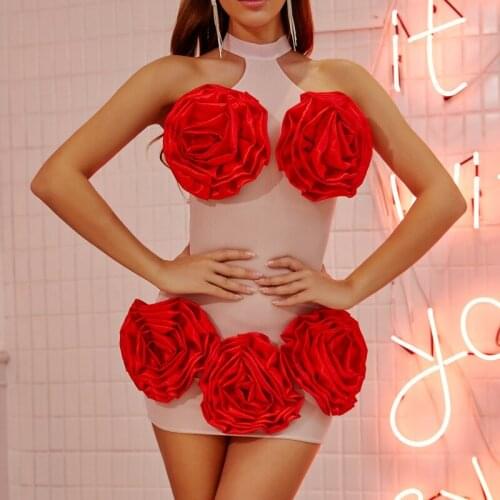 Fashion Exaggerated Rose Appliques Nightclub Sexy Slim Gauze Evening Dresses Ladies Short Style Halter Sleeveless Prom Vestidos