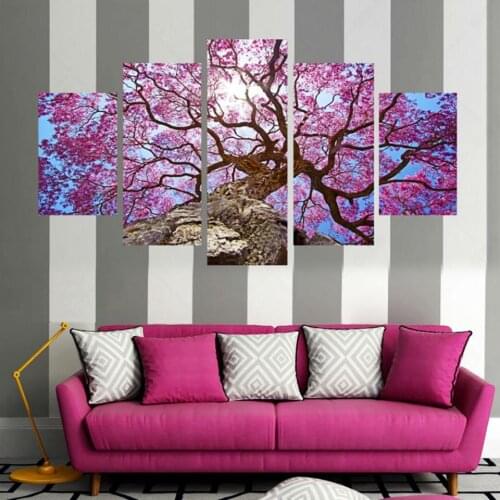 Home Decor Living Room Art Painting Modular 5 Panel Pink Cherry Blossom Tree Framework Wall HD Printed Canvas Poster Pictures
