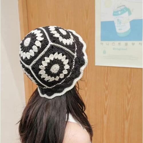 Knitted Bucket Hat Women Hollow Flower Handmade Crochet Color Sun Hats Female Fashion Winter Foldable Sun Cap For Outdoor Decor