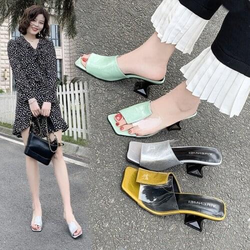 Sexy Casual Shoes Woman Transparent PVC Slippers Crystal Cup High Heels Square Open Toe Ladies Slippers Women Shoes Mules Slides