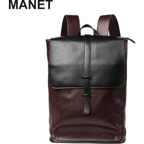 MANET PU Mens Backpacks Solid Large Capacity Laptops Fashion Male Shoulder Bags Casual Backpacks Luxury Man Travel Bags Mochila