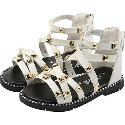 Girls Sandals 2021 Summer Children Gladiator Roman Sandals Rivets Classic Kids Beach Shoes Zipper Soft Leather Comfortable 21-36
