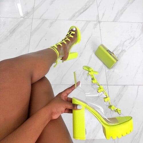 Mr Co New Neon Green PVC Jelly Sandals Open Toe Lace-up Gladiator High Heels Summer Shoes Platform Heel Transparent Sandals Big