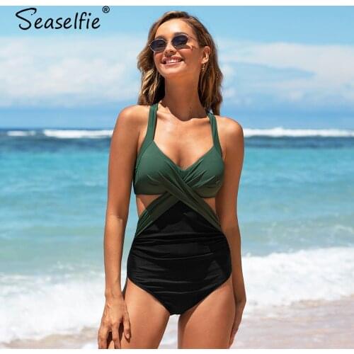SEASELFIE Push Up Olive Black Colorblock One-piece Swimsuit For Women Sexy Cutout Monokini Swimwear 2021 Girl Beach Bathing Suit