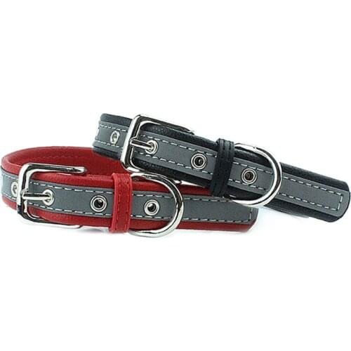 Reflective Small Pet Dog Collar PU Leather Adjustable Necklace Outdoor Safety Puppy Cat Collars For Chihuahua Teddy Black/Red