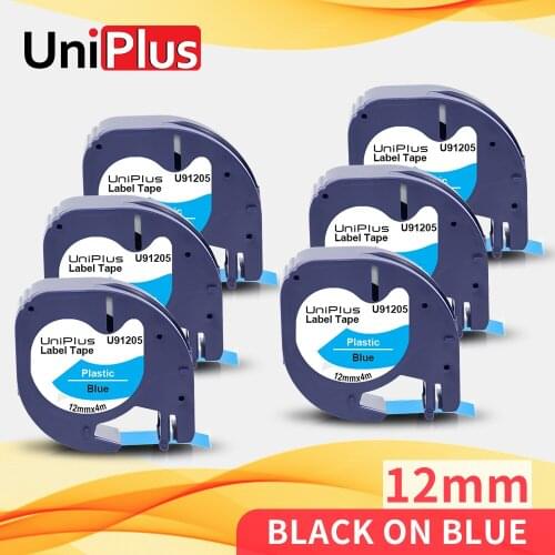 UniPlus 6PK Black on Blue Label Tape 12mm Fit Dymo Labeller Letratag Label Tape 91205 for Dymo Label Maker LT-100H QX-50 2000