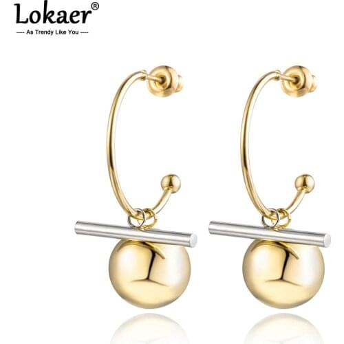 Lokaer Trendy Titanium Stainless Steel Balls And Columns Geometry Earrings Jewelry Rose Gold Stud Earring For Women Girl E18012