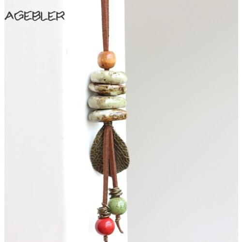 Boho Maxi Handmade Ceramic Vintage Necklaces Women Colorful Bead Leaf Pendant Long Leather Women statement Necklace & pendants