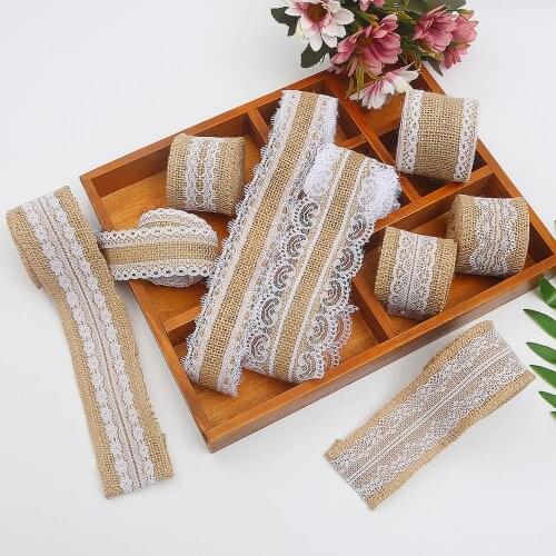 2M Natural Jute Burlap Ribbon with White Lace Trim Edge Rustic Vintage Wedding Decor Hessian Lace Jute Roll DIY Party Supplies