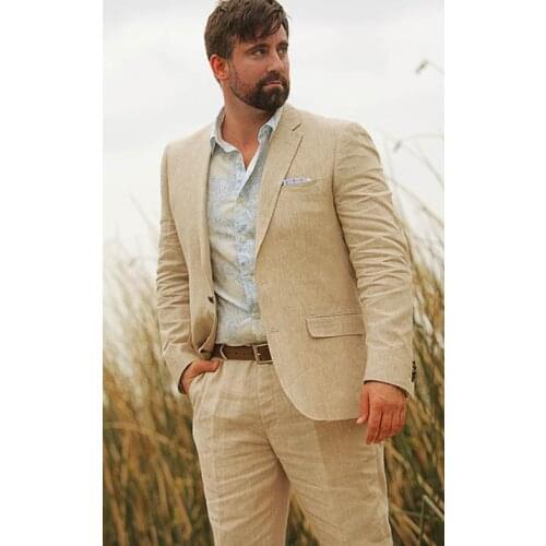 2018 Summer Beige Linen Suit Men Casual Groom Slim Fit 2 Piece Tuxedo Custom Wedding Suits Blazer Terno Masuclino Jacket+Pant