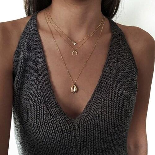 3 Pcs/Set Women Classic Necklaces Beach Retro Crystal Beads Shell Moon Pendant Gold Multilayer Clavicle Chain Charm Jewelry