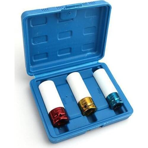 3Pcs Auto Car 1/2" 17mm/19mm/21mm Tire Protection Sleeve Wall Deep Impact Wheel Nut Socket Set with Box